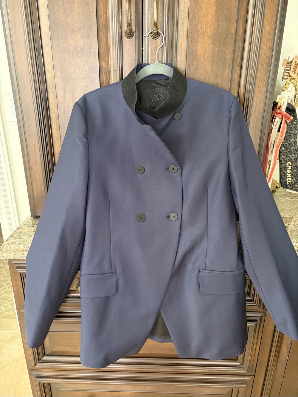ZARA Double-Breasted Navy Blazer with Stand Collar Size Small NEW WITH TAGS